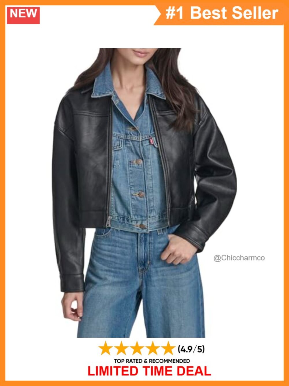 Faux Leather Zip Front Jacket with Sherpa Collar Relaxed Fit